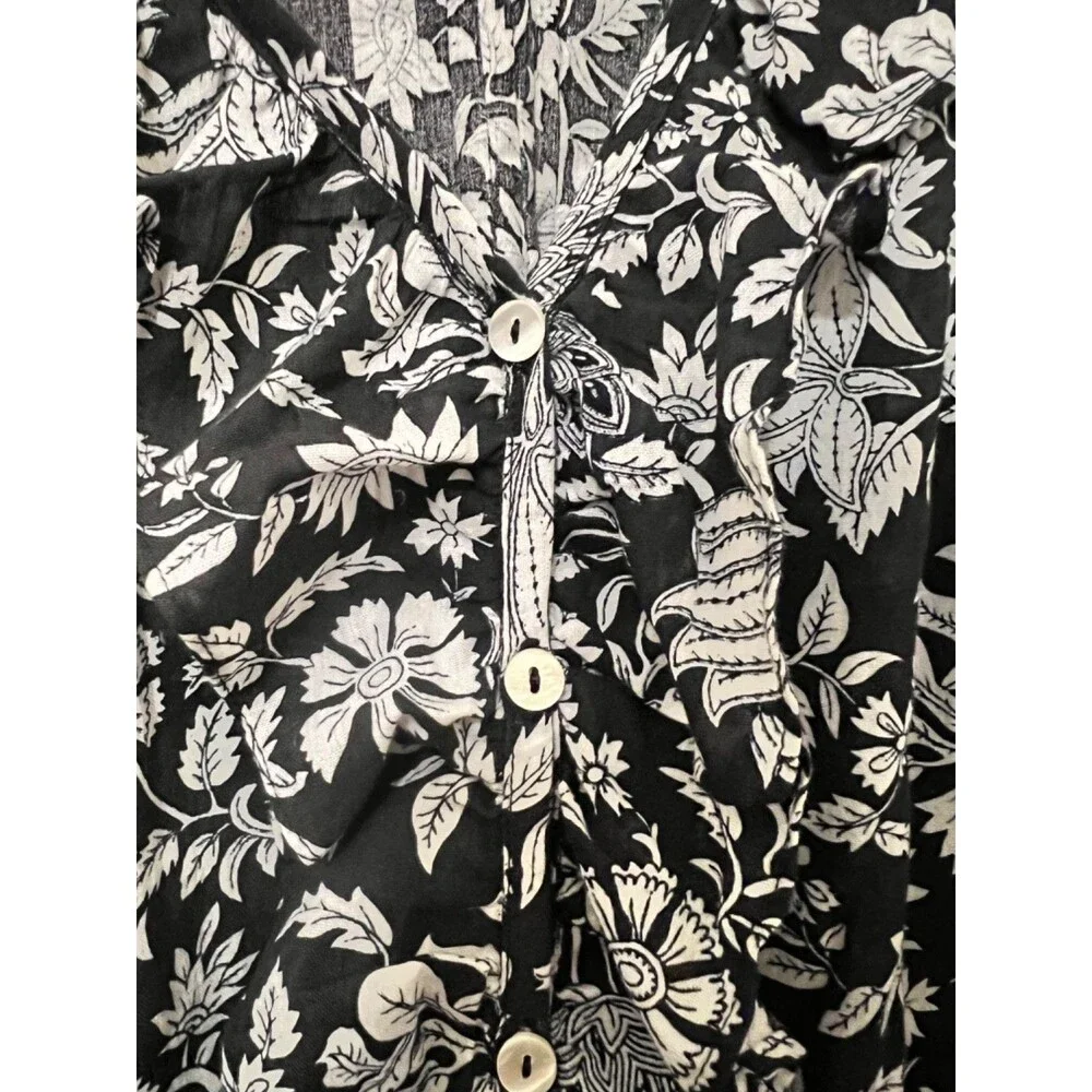 PANEROS Chloe Shirt Midnight Garden Black/White Floral Ruffle Neckline Preppy L - Picture 6 of 9